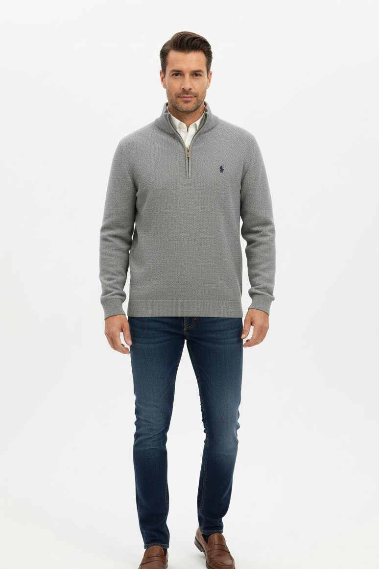 Polo Ralph Lauren Men’s Cotton Mesh Quarter-Zip Sweater – Heather Grey