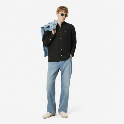 Lacoste Regular Fit Embroidered Crocodile Long-Sleeve Linen Shirt – Jet Black