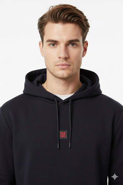 HUGO Relaxed-Fit Hoodie in Cotton-Blend with Signature Red Logo