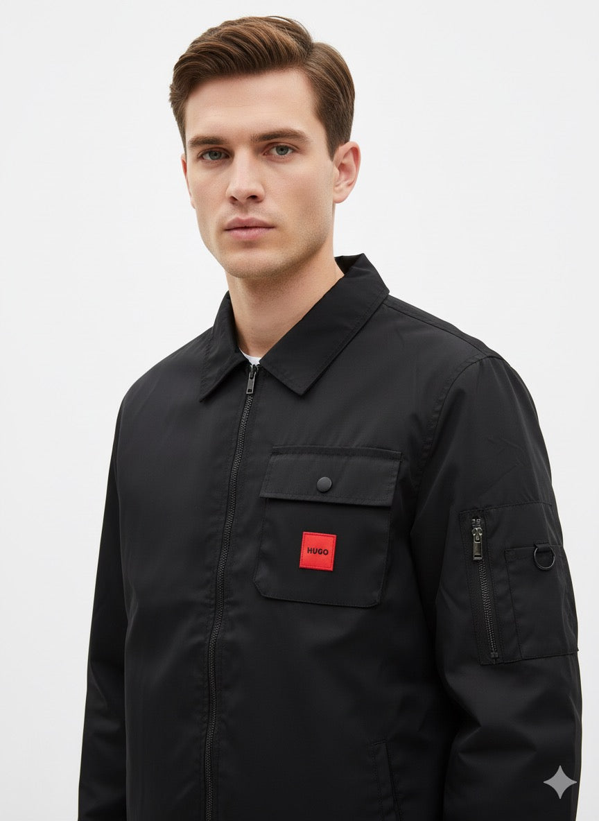 HUGO Black Collared Zip-Through Workwear Jacket