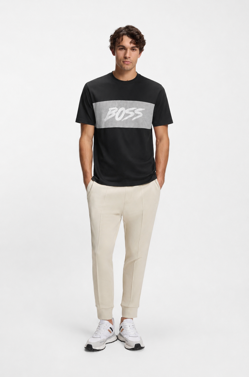 BOSS Regular-Fit Cotton T-Shirt with Mesh-Print Logo Panel