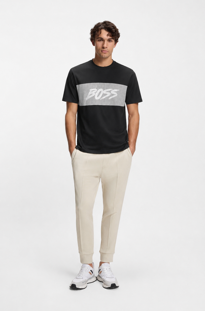 BOSS Regular-Fit Cotton T-Shirt with Mesh-Print Logo Panel