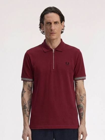 Fred Perry Checkerboard Trim Zip Neck Polo Shirt - Maroon