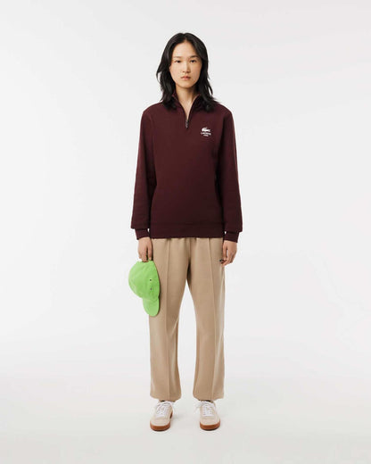 Lacoste High Neck Zip-Up Print Sweatshirt in burgundy