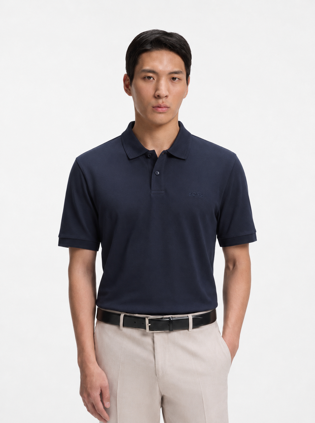 BOSS Slim-Fit Polo Shirt in Navy Stretch-Cotton Piqué