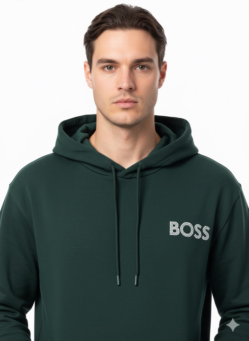 BOSS Dark Green Pullover Hoodie with Textured Logo