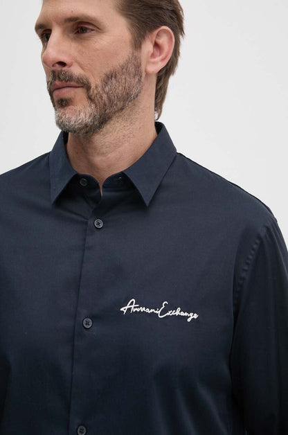 Armani Exchange Slim Fit Script Embroidered Shirt – Navy Blue