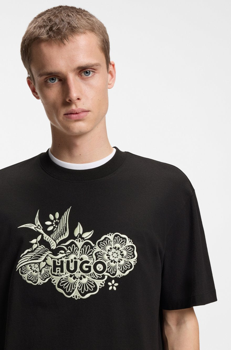 HUGO Menswear Relaxed-Fit T-Shirt with Japanese-Inspired Floral & Crane Graphic – Black