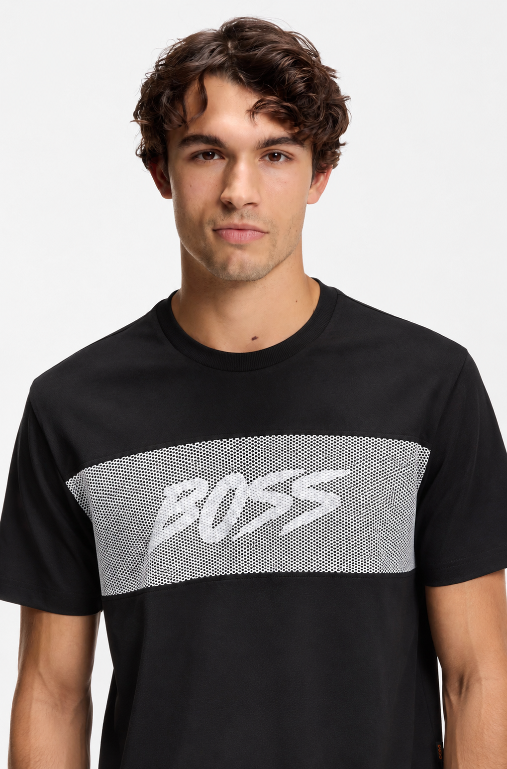 BOSS Regular-Fit Cotton T-Shirt with Mesh-Print Logo Panel