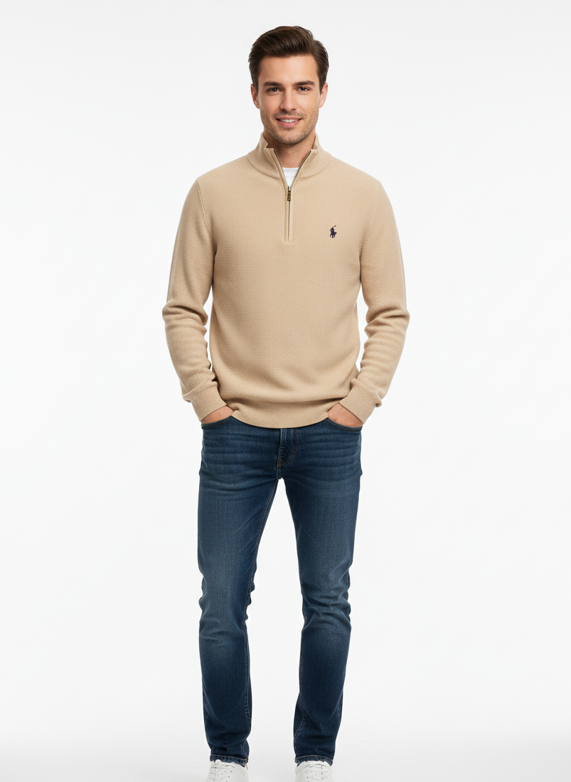 Polo Ralph Lauren Men’s Luxury Cotton Mesh Quarter-Zip Sweater – Heather Beige