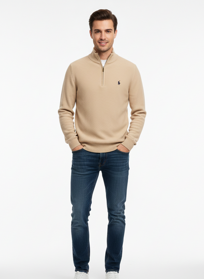 Polo Ralph Lauren Men’s Luxury Cotton Mesh Quarter-Zip Sweater – Heather Beige