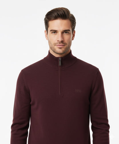 BOSS Men's Half-Zip Knit Jumper - Dark Red / Burgundy