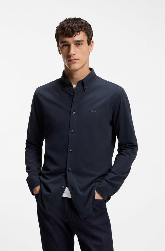 BOSS Men’s Regular-Fit Oxford Shirt Crafted in Solid Navy Blue Cotton