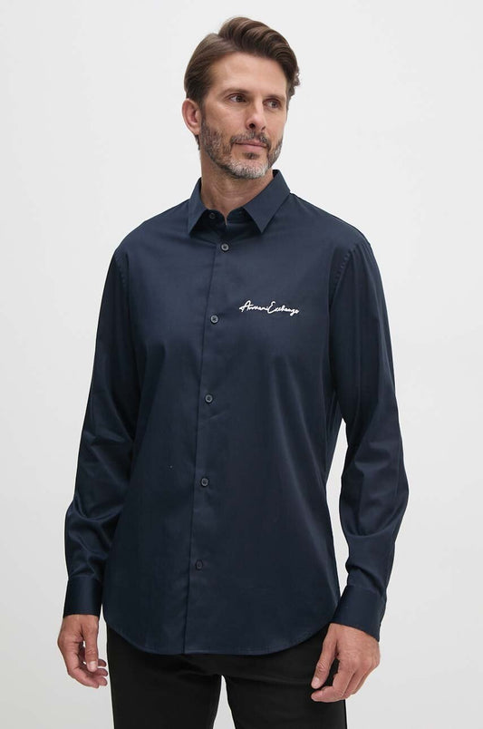 Armani Exchange Slim Fit Script Embroidered Shirt – Navy Blue