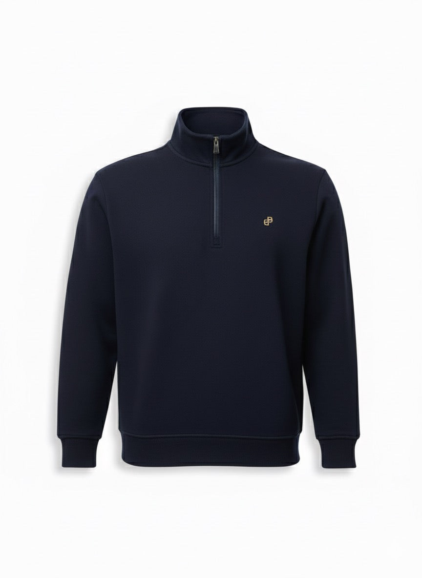 BOSS Navy Blue Zip-Through Sweatshirt with Gold Logo Collar