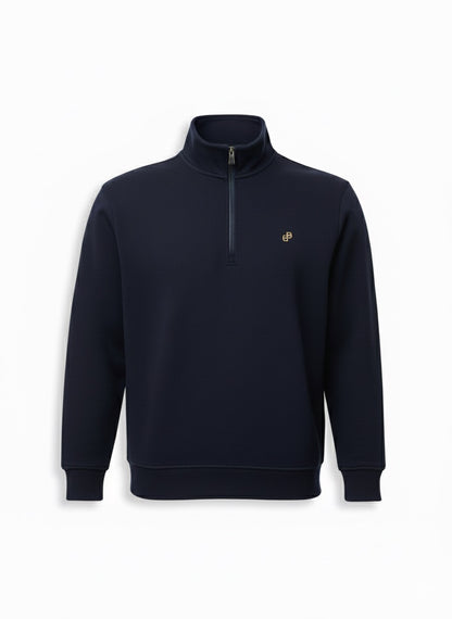 BOSS Navy Blue Zip-Through Sweatshirt with Gold Logo Collar