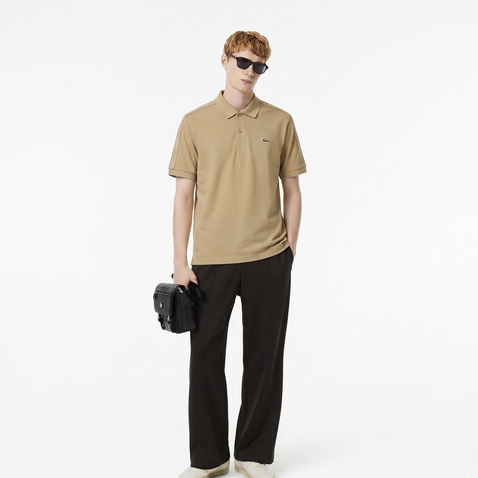 Lacoste Slim Fit Piqué Polo Shirt with Branded Shoulder Tape – Beige