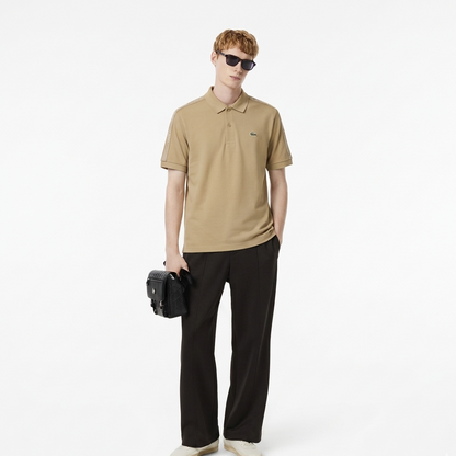 Lacoste Slim Fit Piqué Polo Shirt with Branded Shoulder Tape – Beige