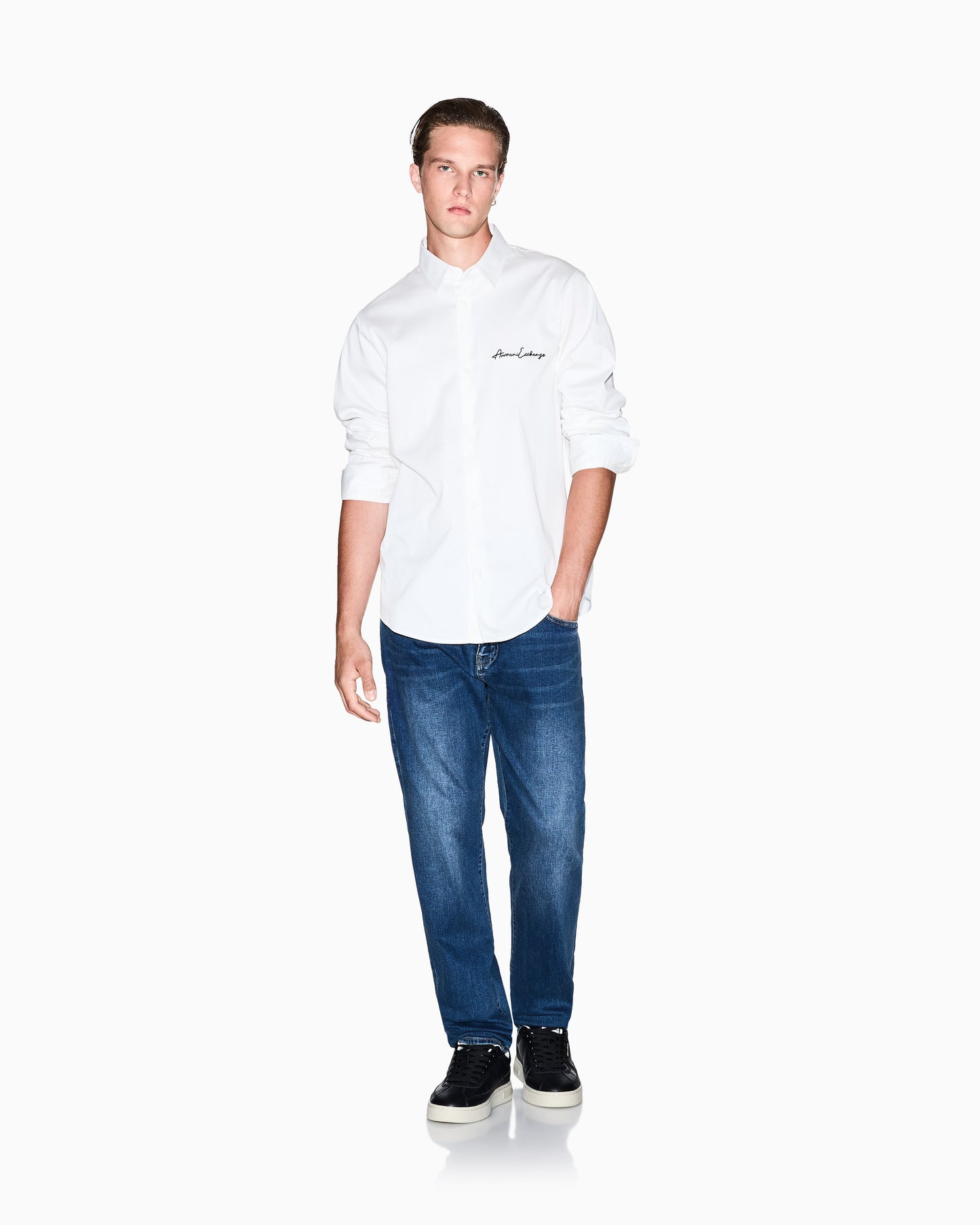 Armani Exchange Slim Fit Script Embroidered Shirt – White
