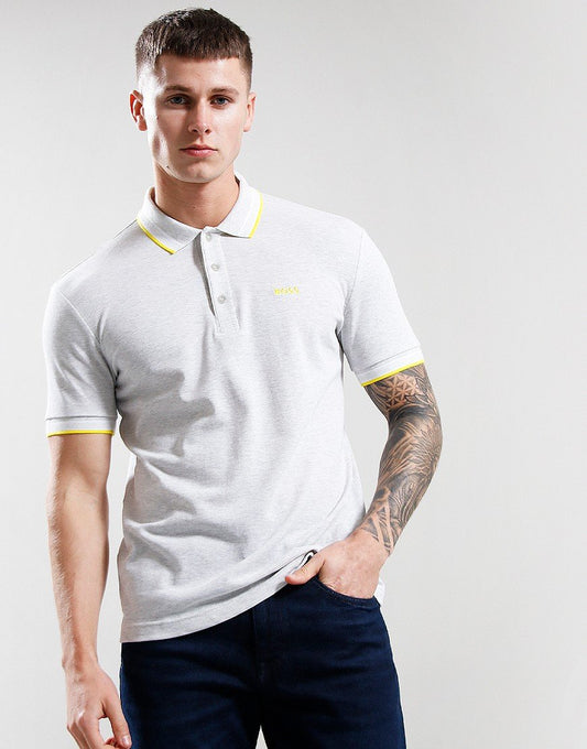 BOSS Passenger Slim-Fit Polo Shirt – Light Grey Melange with Yellow Trim