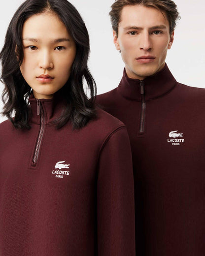 Lacoste High Neck Zip-Up Print Sweatshirt in burgundy