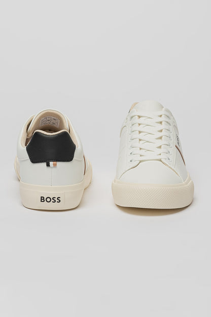 BOSS Men's Seth Low-Top Leather Sneakers – Open White & Camel