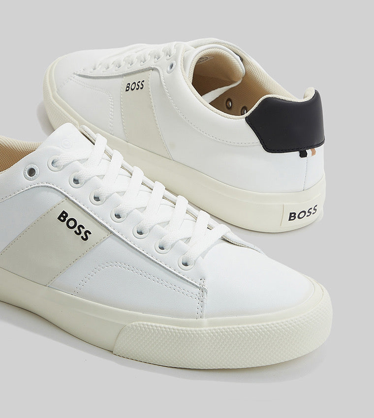 BOSS Men's Katno Low-Top Sneakers – Premium White Leather with Signature Stripe
