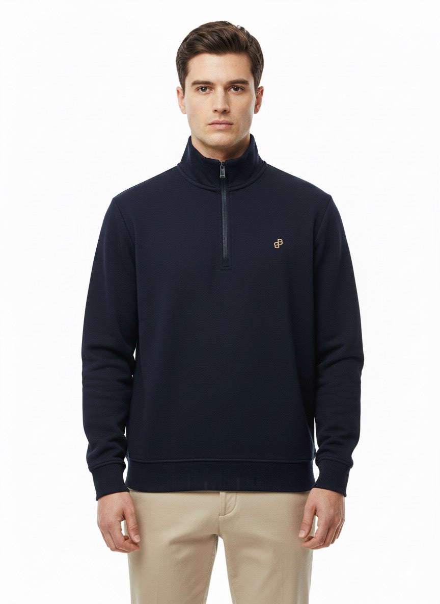 BOSS Navy Blue Zip-Through Sweatshirt with Gold Logo Collar