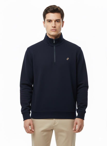 BOSS Navy Blue Zip-Through Sweatshirt with Gold Logo Collar