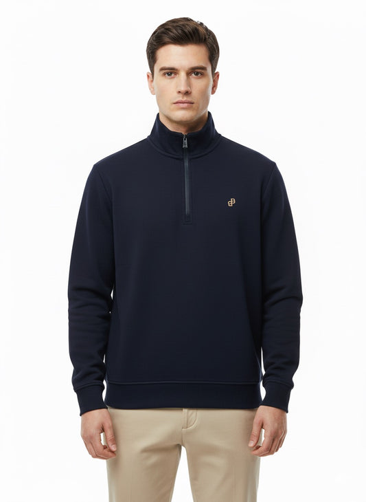BOSS Navy Blue Zip-Through Sweatshirt with Gold Logo Collar