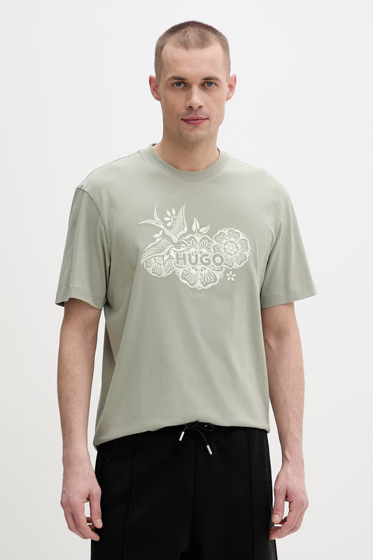 HUGO Menswear Relaxed-Fit Graphic T-Shirt in Open Green – Japanese Crane & Floral Edition