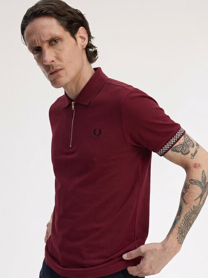 Fred Perry Checkerboard Trim Zip Neck Polo Shirt - Maroon