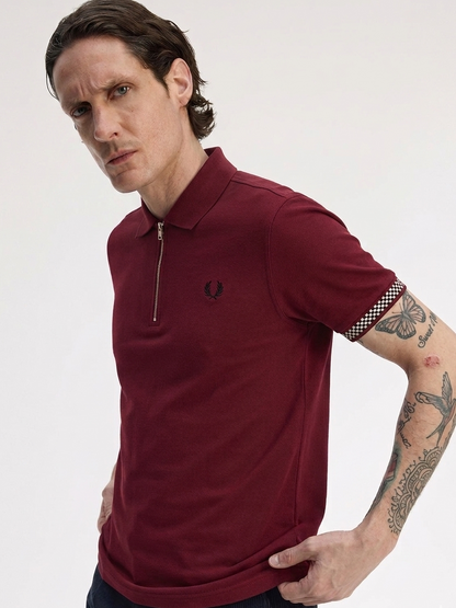 Fred Perry Checkerboard Trim Zip Neck Polo Shirt - Maroon