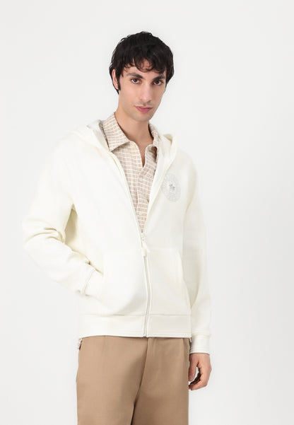 Lacoste Premium Full-Zip Hoodie - Tonal Embroidered Crocodile Badge (Cream/Off-White)