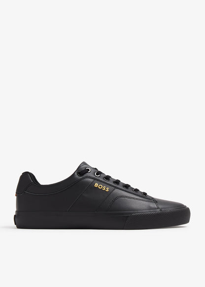 BOSS Black Leather Low-Top Sneakers - Gold Logo Detail
