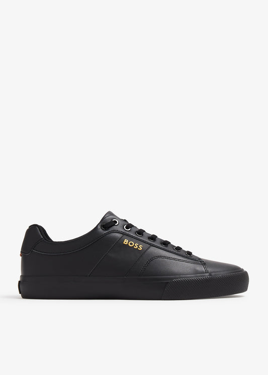 BOSS Black Leather Low-Top Sneakers - Gold Logo Detail