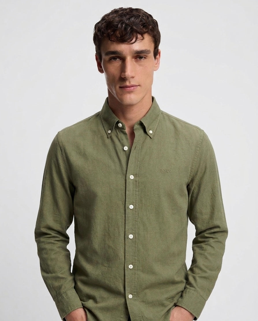 BOSS Men's Regular Fit Oxford Cotton Shirt - Olive Green
