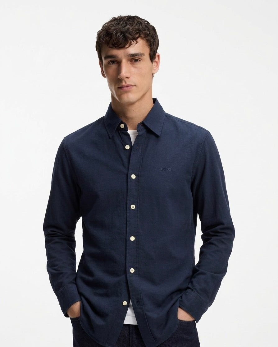BOSS Men’s Regular-Fit Oxford Shirt Crafted in Solid Navy Blue Cotton