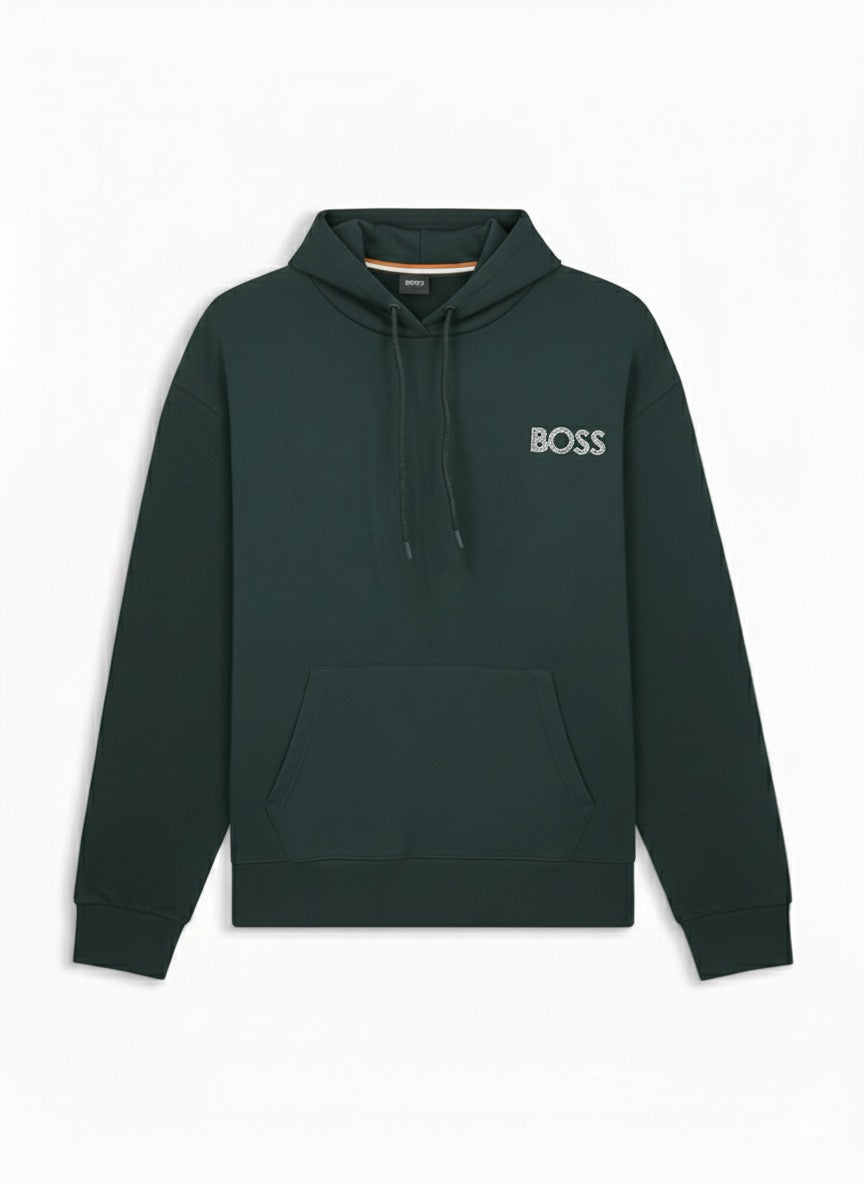 BOSS Dark Green Pullover Hoodie with Textured Logo