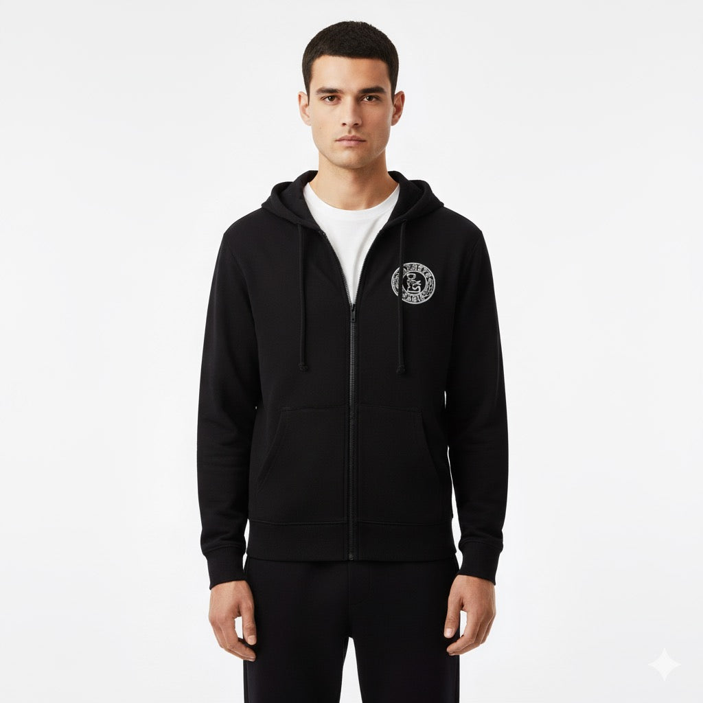 Lacoste Black Full-Zip Hoodie with White Circle Logo Badge