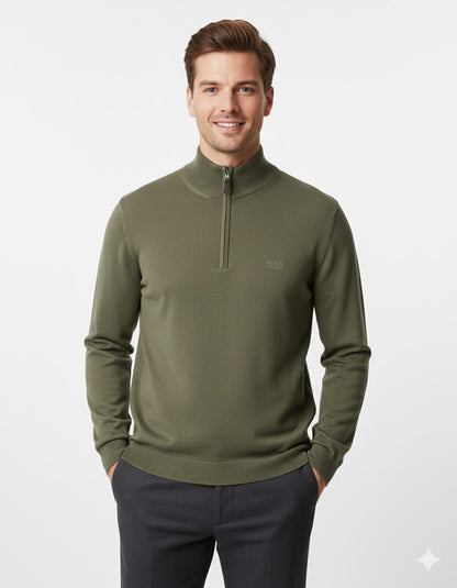 BOSS Men's Half-Zip Merino Knit Jumper with Tonal Logo - Olive Green