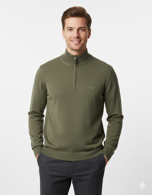 BOSS Men's Half-Zip Merino Knit Jumper with Tonal Logo - Olive Green
