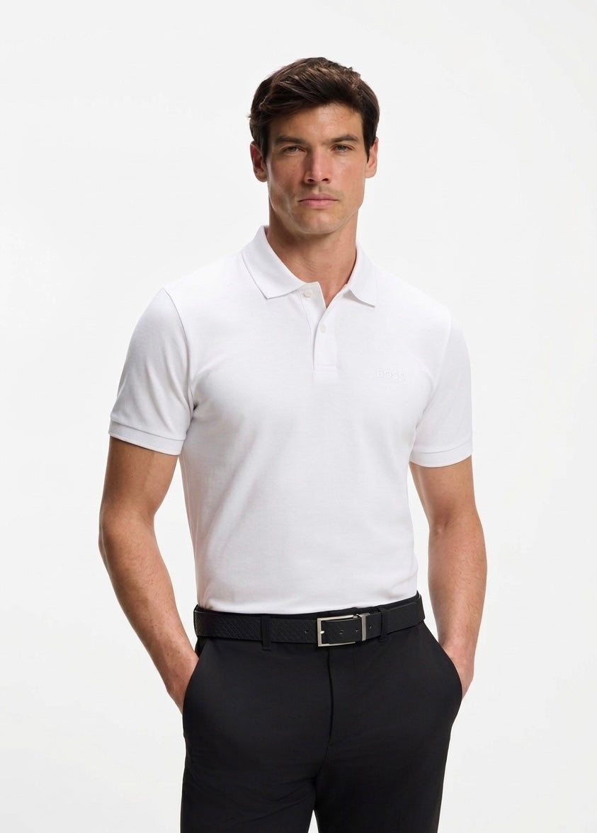 BOSS Slim-Fit Polo Shirt in Pure White Breathable Cotton Piqué