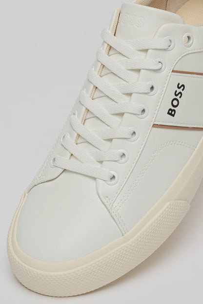 BOSS Men's Seth Low-Top Leather Sneakers – Open White & Camel