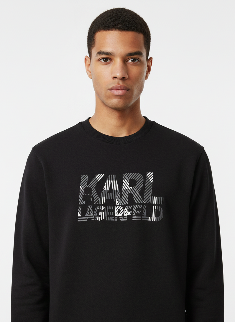KARL LAGERFELD Men’s Striated Graphic Logo Sweatshirt – Black