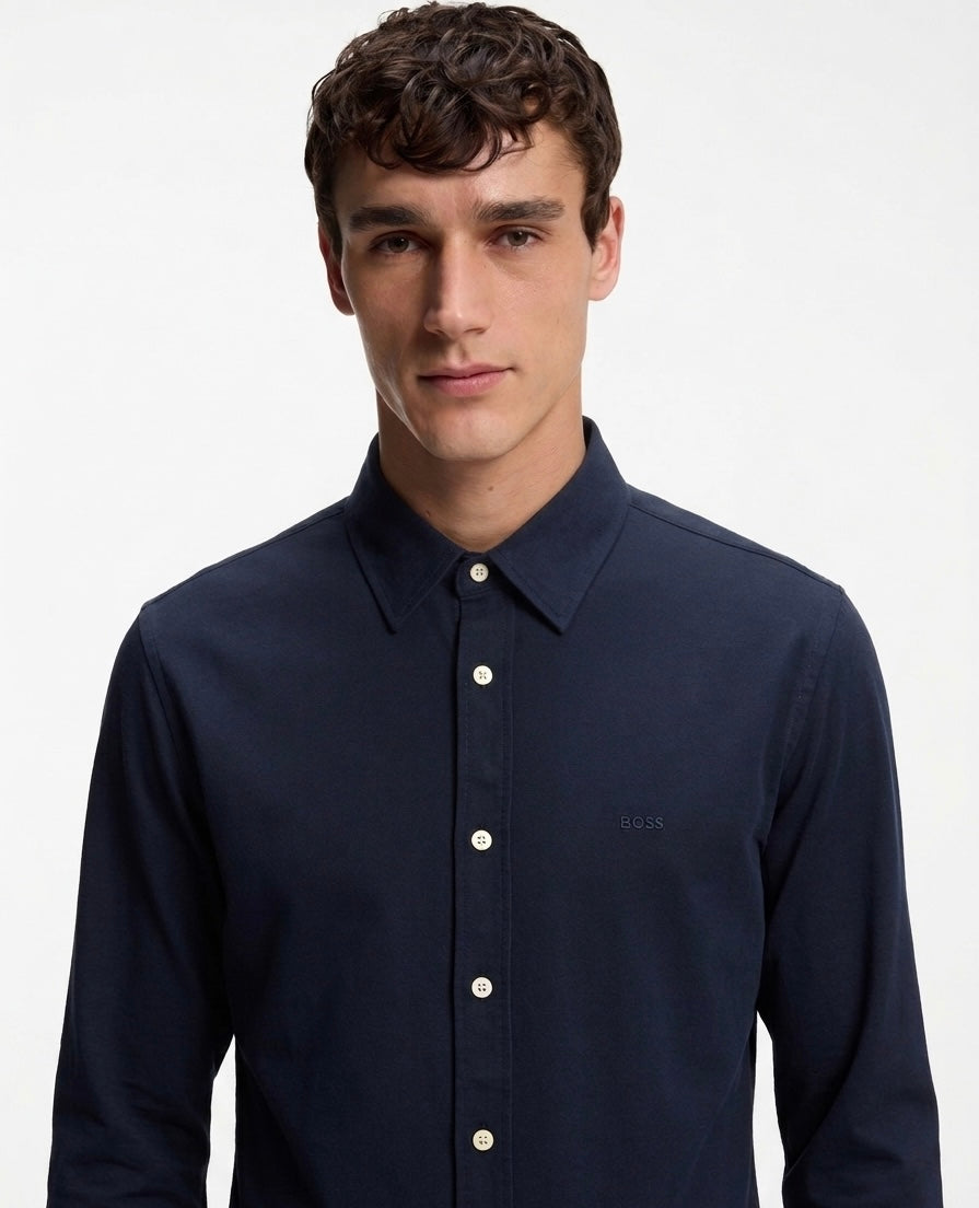 BOSS Men’s Regular-Fit Oxford Shirt Crafted in Solid Navy Blue Cotton