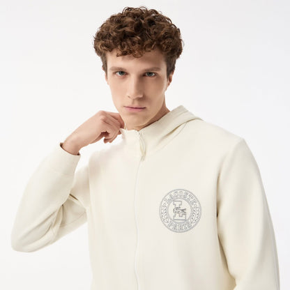 Lacoste Premium Full-Zip Hoodie - Tonal Embroidered Crocodile Badge (Cream/Off-White)