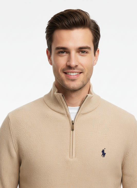 Polo Ralph Lauren Men’s Luxury Cotton Mesh Quarter-Zip Sweater – Heather Beige