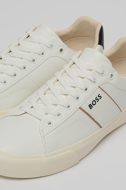 BOSS Men's Seth Low-Top Leather Sneakers – Open White & Camel