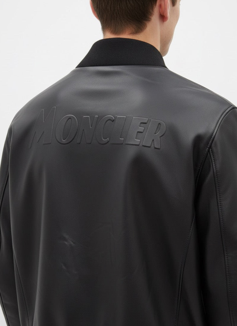 Moncler Black Leather Bomber Jacket with Embossed Back Logo